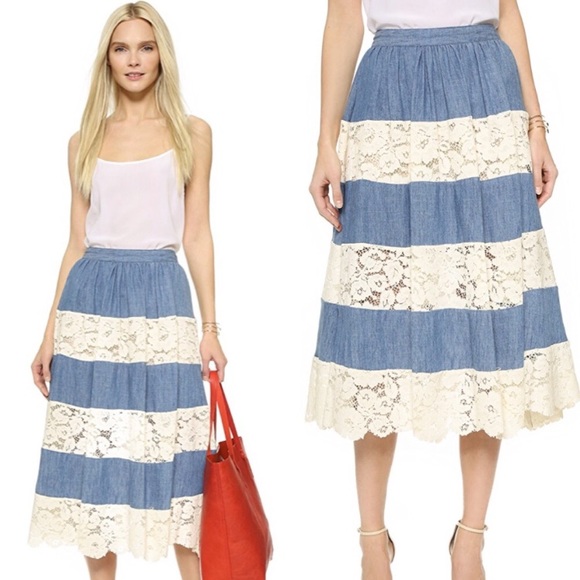 Alice + Olivia Romy Lace Panel Denim Midi Skirt 0 - Picture 2 of 8
